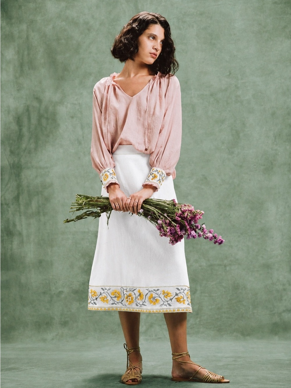 NWT Rosewater House Lola Embroidered Midi Skirt in Off White & Yellow XS $575